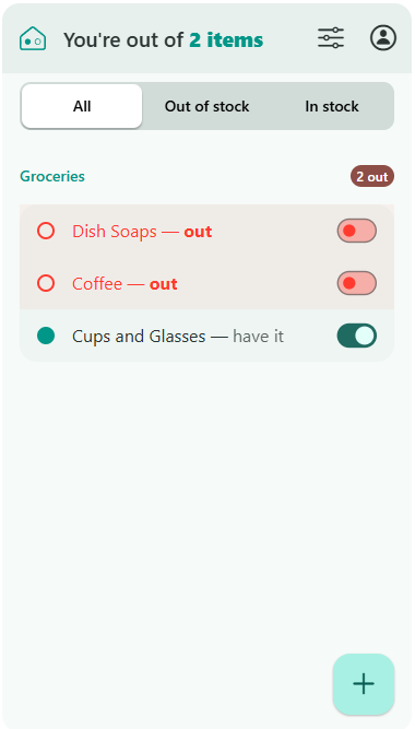 HaveWe app showing household items and out-of-stock status